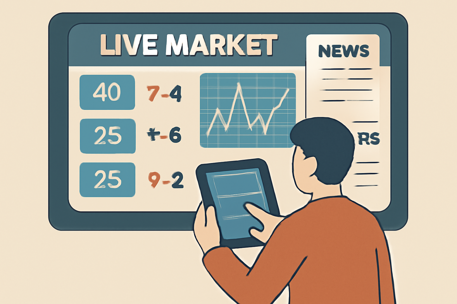A live market dashboard showing fluctuating odds and news headlines, with a user monitoring updates on a tablet.
