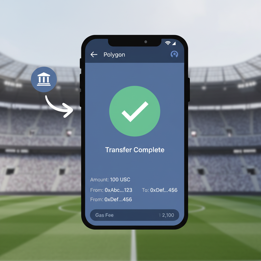 MetaMask wallet funding with USDC on Polygon, crypto transfer screen, green checkmark, soccer stadium faint background