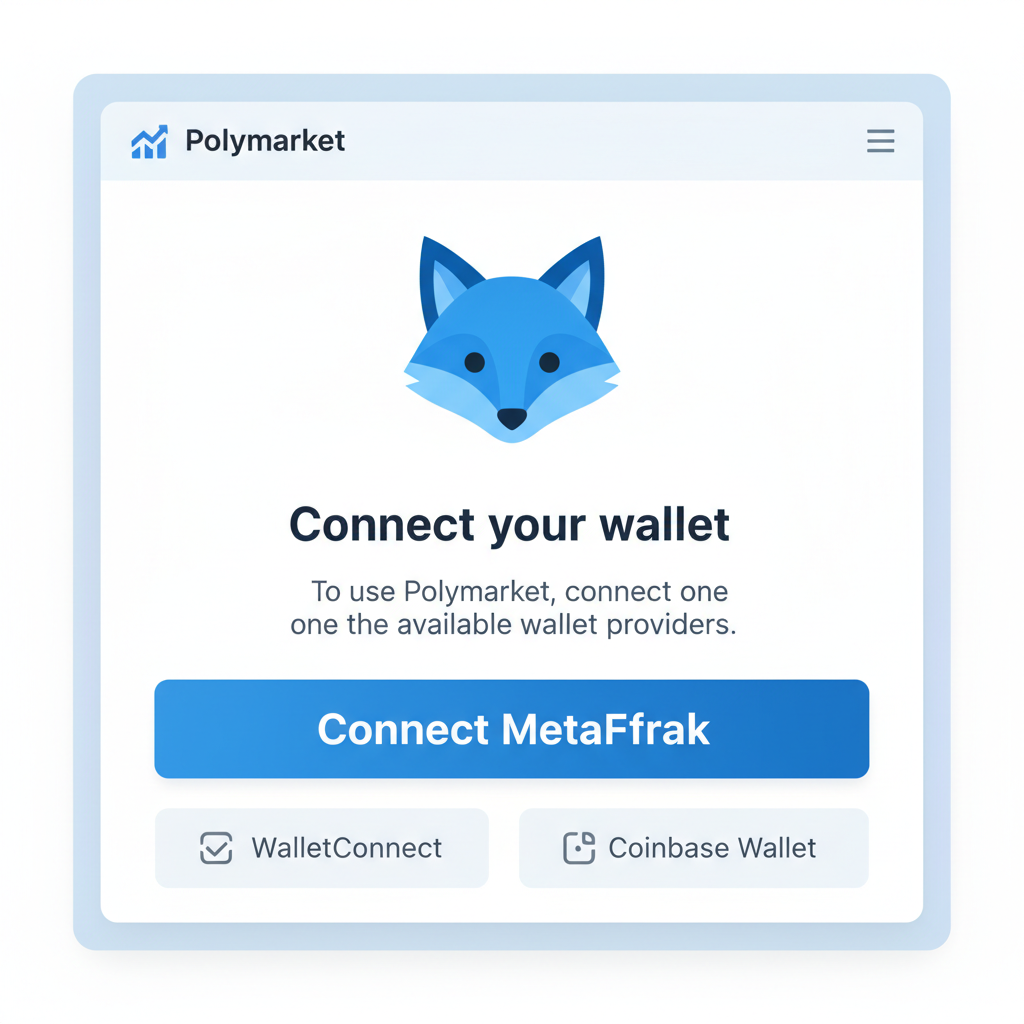 MetaMask wallet connection screen on Polymarket site, blue fox icon, connect button, clean crypto UI