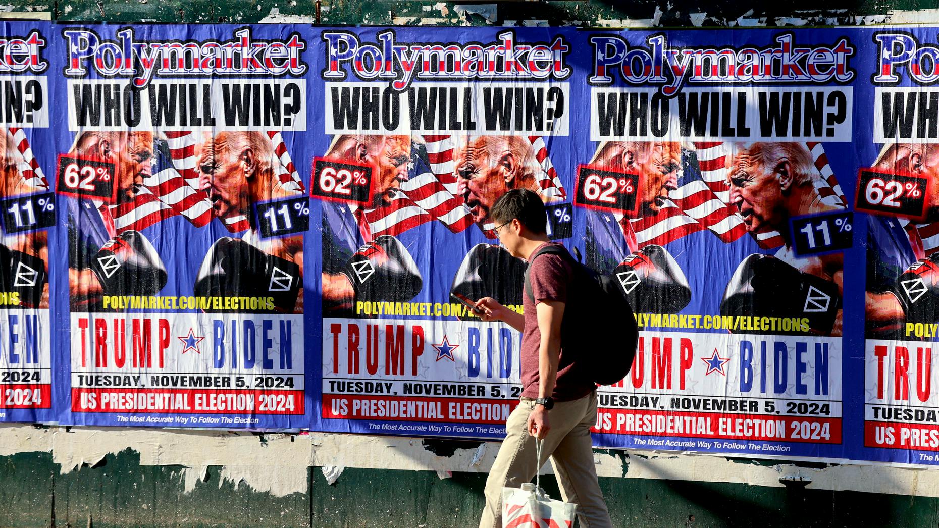 Crypto trading screen displaying live blockchain prediction markets for the 2024 US presidential election, with dynamic market activity and election outcome odds visible.