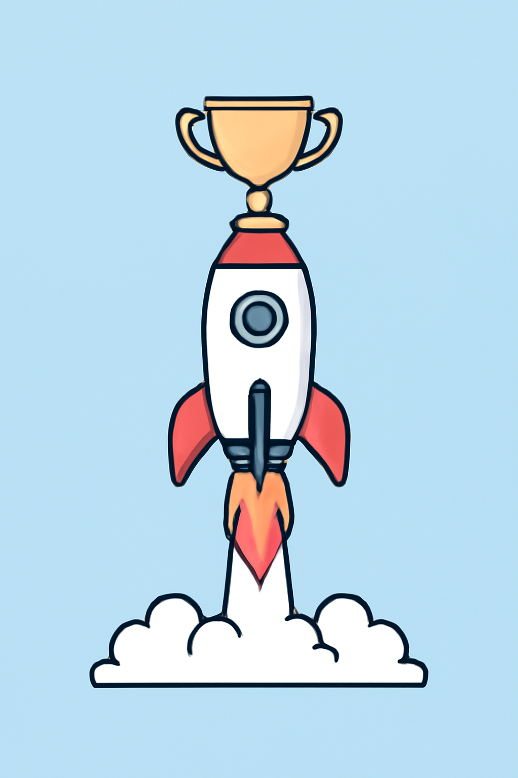 rocket blasting off with sports championship trophy, fiery trail