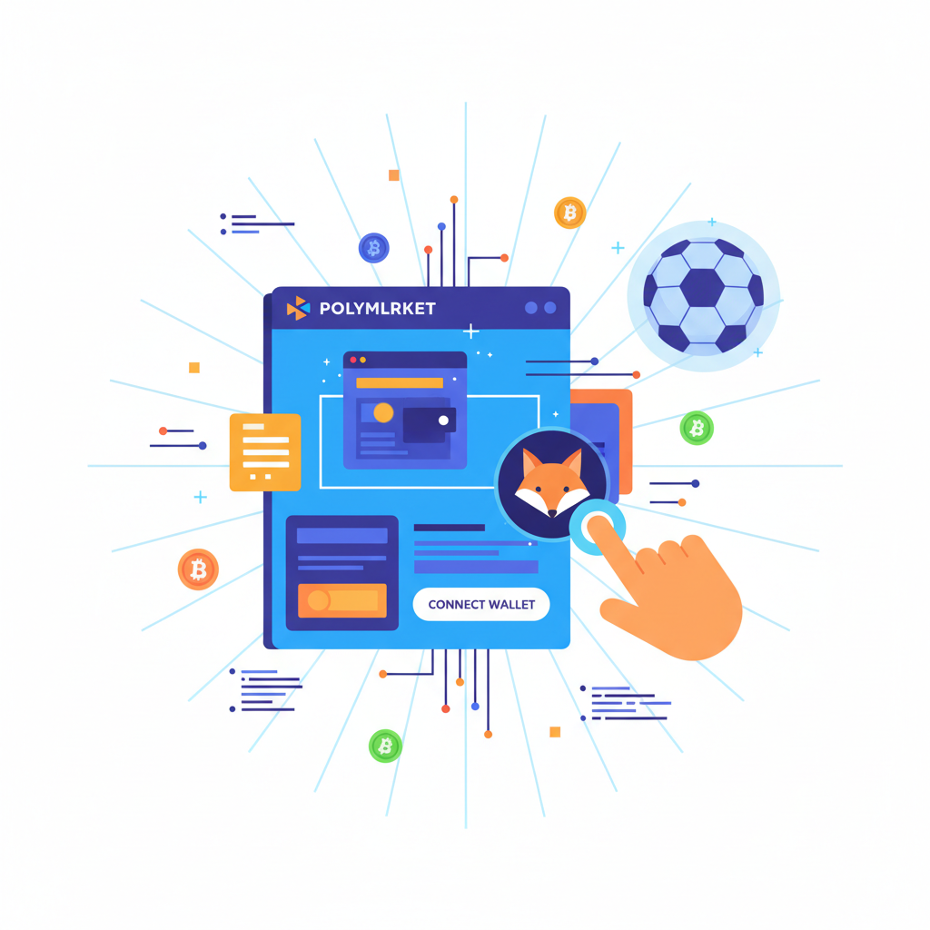 user connecting MetaMask wallet to Polymarket website, crypto interface glowing, soccer ball in background, vibrant digital art