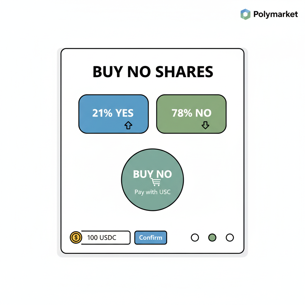 buying No shares on Polymarket, odds display 21% Yes 78% No, USDC transaction